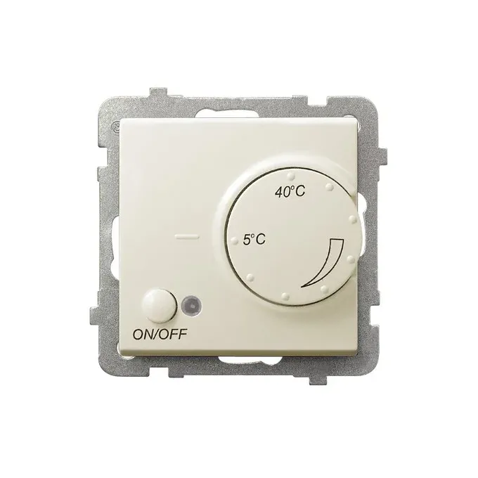 Regulator temperatury Ospel Sonata RTP-1R/m/27 z pokrętłem regulacji od 5°C do 40°C i przyciskiem ON/OFF.