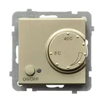 Regulator temperatury Ospel Sonata RTP-1R/m/39 w kolorze szampańskiego złota z pokrętłem regulacji i przyciskiem ON/OFF.