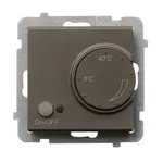 Regulator temperatury Ospel Sonata RTP-1R/m/40 z czujnikiem podłogowym, w kolorze czekoladowy metalik, z pokrętłem regulacji i przyciskiem ON/OFF.
