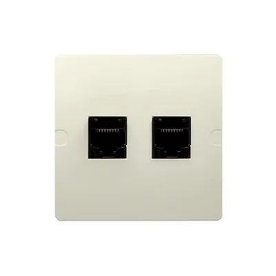 Beżowe gniazdo Simon Basic z dwoma portami RJ45 kat. 5e i RJ11, idealne do sieci komputerowych i telefonicznych.