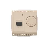 Beżowy regulator temperatury z czujnikiem wewnętrznym Simon Basic BMRT10W.02/12, z pokrętłem do ustawiania temperatury i przełącznikiem.