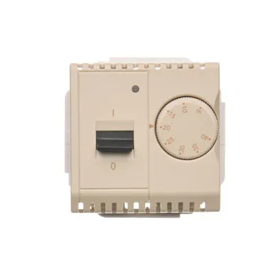 Beżowy regulator temperatury z czujnikiem wewnętrznym Simon Basic BMRT10W.02/12, z pokrętłem do ustawiania temperatury i przełącznikiem.