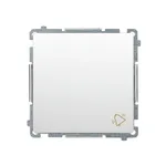 Biały przycisk zwierny Simon Basic z symbolem dzwonka, przeznaczony do instalacji elektrycznych.