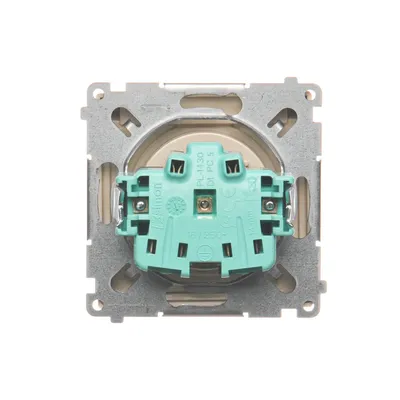 Gniazdo bryzgoszczelne IP-44 Simon Basic BMGZ1B.01/12 z zielonymi zaciskami i metalową ramką montażową.