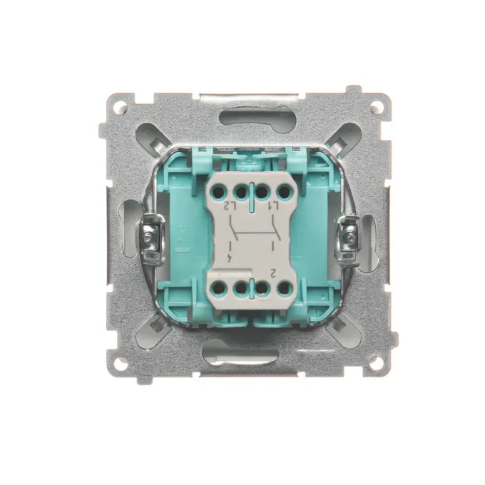 Łącznik dwubiegunowy Simon Basic 10AX Biały BMW2.01/11 - widok mechanizmu od tyłu z oznaczeniami L1, L2, 2, 4.