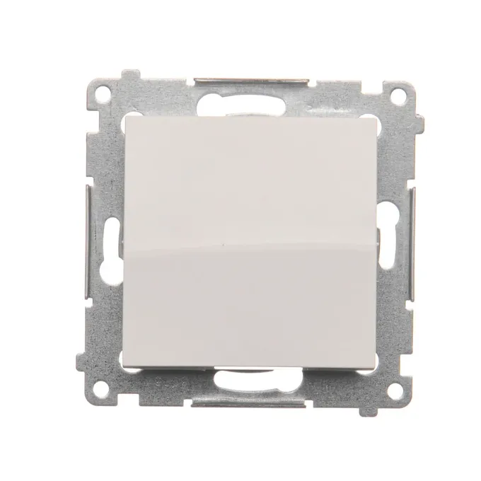 Łącznik jednobiegunowy Simon 54 DW1.01/11 w kolorze białym, 10AX, z metalowym mechanizmem mocującym.