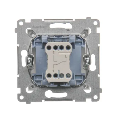 Mechanizm łącznika schodowego Simon 54 z widocznymi zaciskami śrubowymi i oznaczeniami 1 i 2.