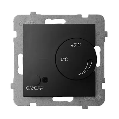 Regulator temperatury Ospel Aria RTP-1UN/m/33 czarny matowy z czujnikiem napowietrznym, pokrętłem regulacji i przyciskiem ON/OFF.
