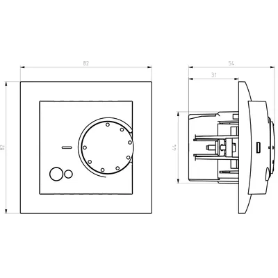 Schemat techniczny regulatora temperatury Ospel Aria RTP-1UN/m/33 z widocznymi wymiarami: 82x82 mm (front) i 54x44 mm (profil).