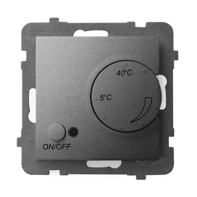 Szary matowy regulator temperatury Ospel Aria RTP-1UN/m/70 z pokrętłem regulacji i przyciskiem ON/OFF, zakres 5-40°C.