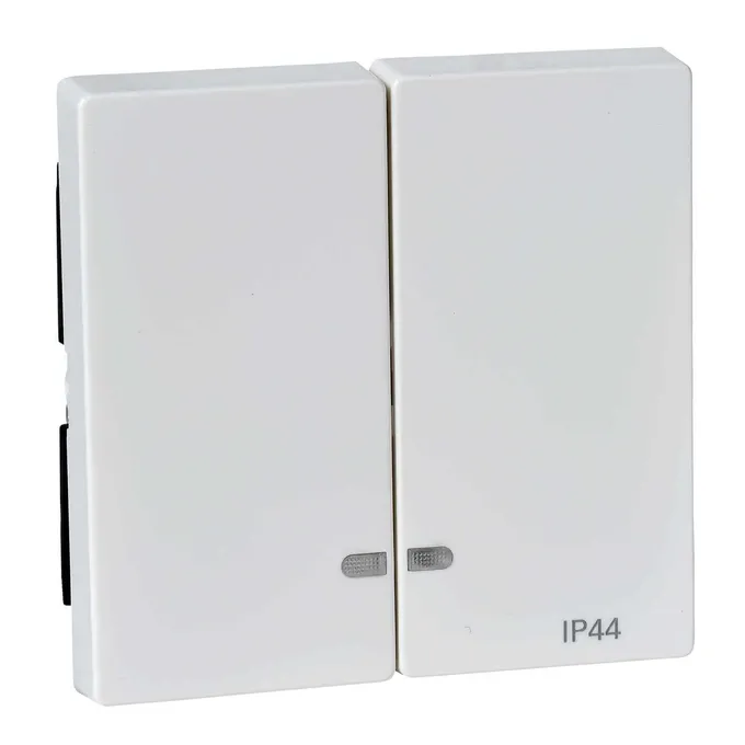 Podwójny klawisz z oczkiem IP-44 w kolorze białym polarnym, seria Merten System M, producent Schneider Electric.