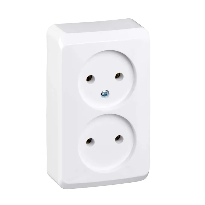 Białe gniazdo podwójne bez uziemienia Schneider Electric Prima WDE001040, z dwoma gniazdami typu E.