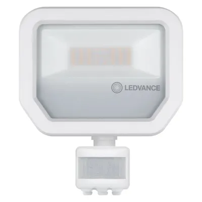 Biały naświetlacz LED Ledvance 20W z czujnikiem ruchu, barwa ciepła 3000K, strumień świetlny 2200lm, klasa szczelności IP65.
