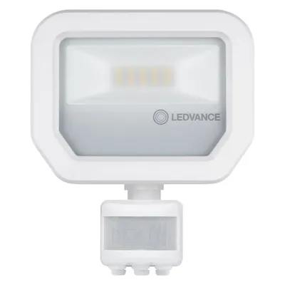 Biały naświetlacz LED Ledvance z czujnikiem ruchu, moc 10W, barwa ciepła 3000K, strumień świetlny 1100lm, klasa szczelności IP65.