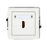 Gniazdo HDMI 2.0 pojedyncze Karlik DECO DHDMI-3 w białej ramce z polem opisowym, błyszczące wykończenie.