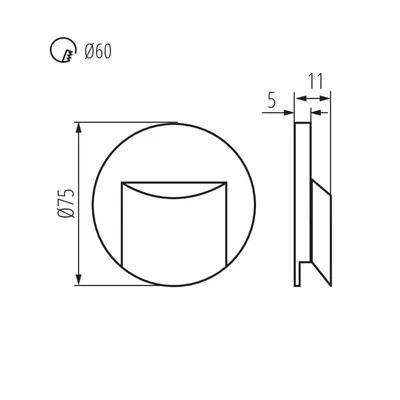 Schemat techniczny oprawy schodowej ERINUS LED O B-NW Kanlux z wymiarami: średnica otworu montażowego 60 mm, średnica zewnętrzna 75 mm, grubość 11 mm.