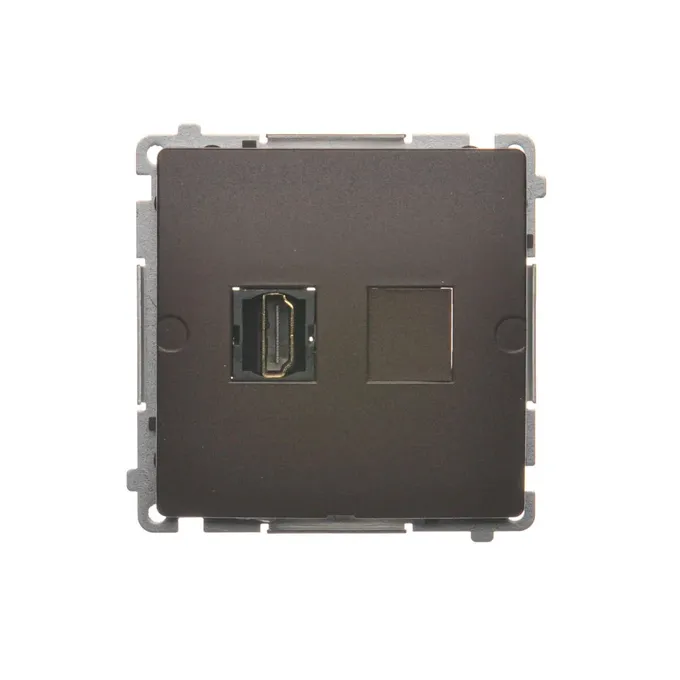 Gniazdo HDMI pojedyncze Czekoladowy Simon Basic - BMGHDMI.01/47, producent Kontakt-Simon, z jednym portem HDMI i pustym miejscem na kolejny moduł.