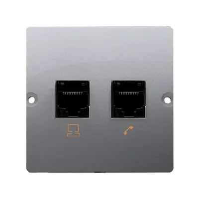 Gniazdo RJ45 kat. 5e i RJ11 telefoniczne Simon Basic ze stali nierdzewnej, kolor srebrny, z symbolami komputera i telefonu.