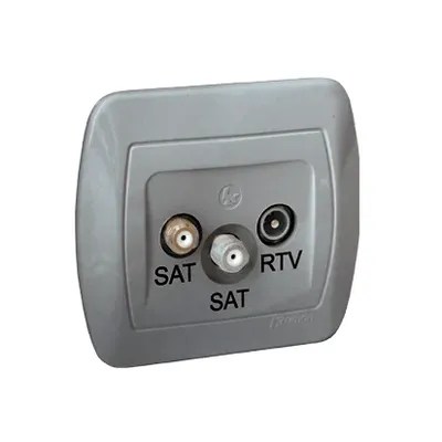 Gniazdo antenowe R-TV-SAT podwójne SAT-SAT-RTV Simon Akord Aluminium metalizowany, z dwoma złączami SAT i jednym RTV.