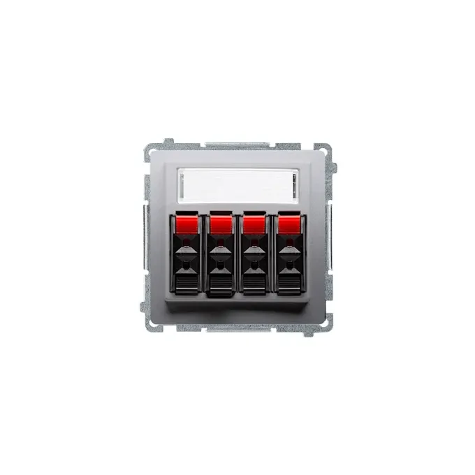 Gniazdo głośnikowe 4-krotne Stal Inox Simon Basic z czerwonymi zaciskami, idealne do instalacji audio.