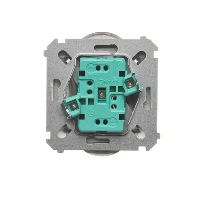 Gniazdo podwójne bez uziemienia Simon Basic BMG2M.01/43 z zielonym mechanizmem i metalową ramką montażową.
