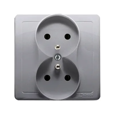Gniazdo podwójne z uziemieniem Simon Basic w kolorze stalowym, kompletne, z serii Stal Inox, model BMGZ2/21