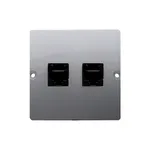 Gniazdo telefoniczne podwójne RJ12 Stal Inox Simon Basic - BMT2.02/21, producent Kontakt-Simon, na białym tle.