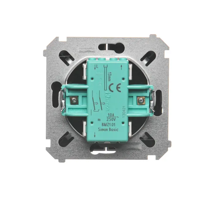 Przycisk żaluzjowy Simon Basic BMZ1.01/28 grafit matowy, 10A 250V, z zielonym mechanizmem i oznaczeniami technicznymi.