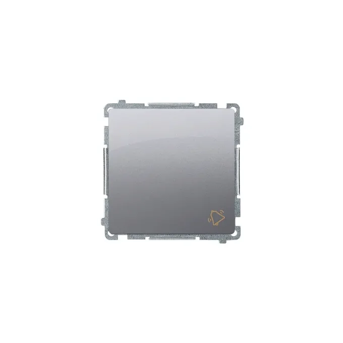 Przycisk zwierny dzwonek 16AX Stal Inox Simon Basic BMD1A.01/21 z symbolem dzwonka.