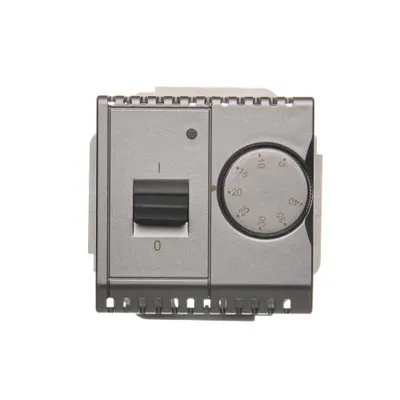 Regulator temperatury z czujnikiem wewnętrznym Stal Inox Simon Basic - BMRT10W.02/21, z pokrętłem regulacji i suwakiem.