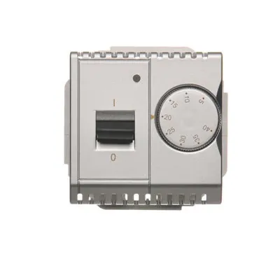 Srebrny matowy regulator temperatury z czujnikiem wewnętrznym Simon Basic BMRT10W.02/43, z pokrętłem do ustawiania temperatury i przełącznikiem.