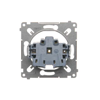 Mechanizm gniazda wtyczkowego Simon 54 z uziemieniem, szybkozłączami, 16A/250V, widok od tyłu, metalowy stelaż.