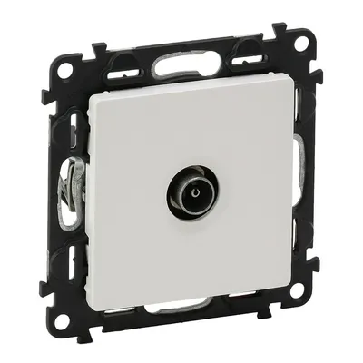 Białe gniazdo antenowe TV zakończeniowe Legrand Valena Life z metalowym gniazdem coaxial, montowane w ramce.