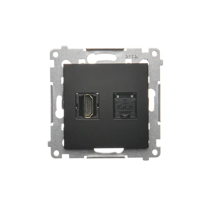 Gniazdo HDMI i RJ45 kategorii 6 w kolorze czarnym matowym, seria Simon 54, producent Kontakt-Simon.