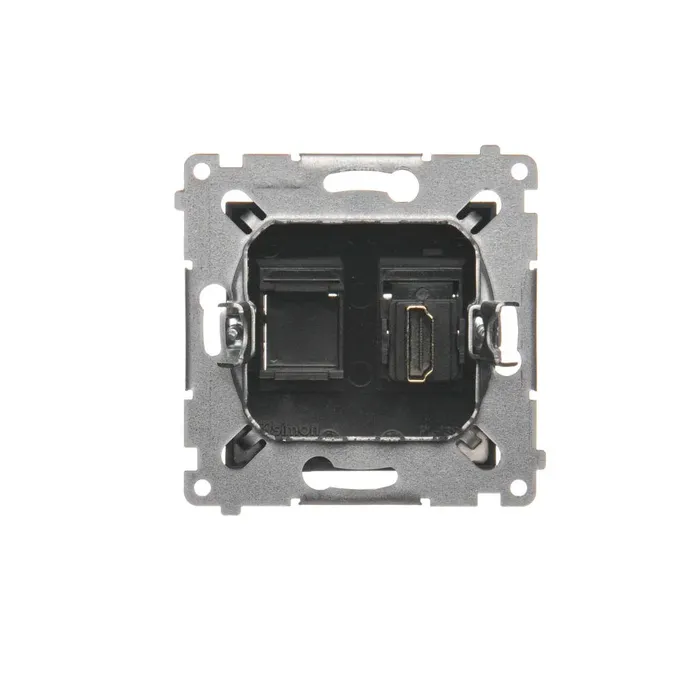 Gniazdo HDMI pojedyncze Czarny mat Simon 54 - DGHDMI.01/49, widok od tyłu, z widocznym mechanizmem i złączem HDMI.