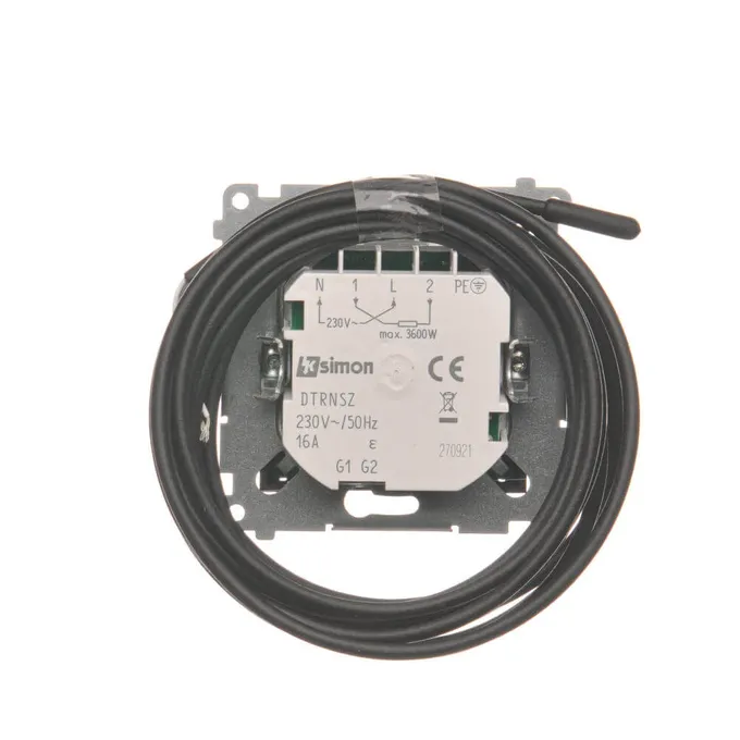 Regulator temperatury Simon 54 DTRNSZ.01/49 z czujnikiem zewnętrznym, czarny mat, 230V, 16A, na białym tle.
