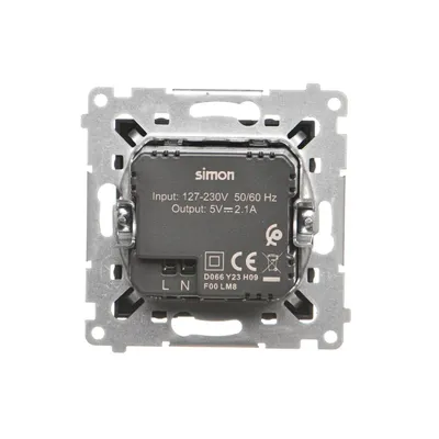 Tył ładowarki podwójnej USB typu A+A Simon 54 w kolorze czarnym matowym z widocznymi danymi technicznymi.