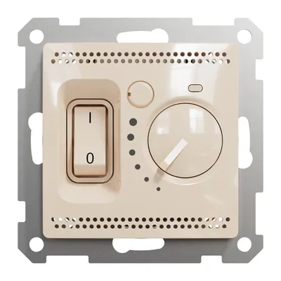 Beżowy regulator temperatury Schneider Sedna Design&amp;Elements z pokrętłem i przełącznikiem, z czujnikiem podłogowym.