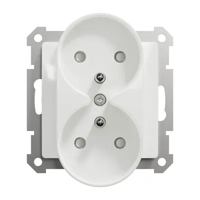 Białe gniazdo podwójne z uziemieniem i przesłonami Schneider Sedna Design SDD111275 na białym tle.