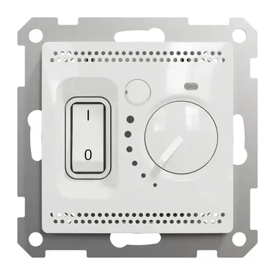 Biały regulator temperatury Schneider Sedna Design&amp;Elements SDD111506 z wbudowanym czujnikiem, przełącznikiem i pokrętłem regulacji.