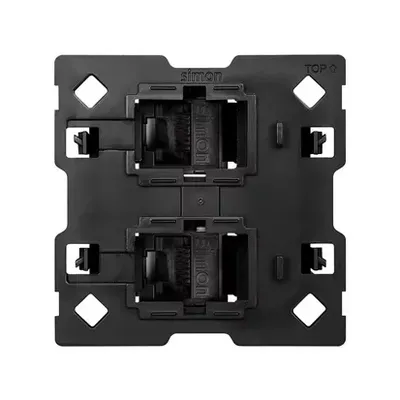 Czarny adapter podwójny RJ45 Simon 100 z mechanizmem, kompatybilny ze standardem Keystone i Systimax.