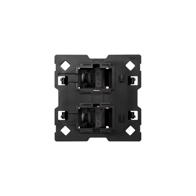 Czarny adapter podwójny RJ45 Simon 100 z mechanizmem, kompatybilny ze standardem Keystone i Systimax.