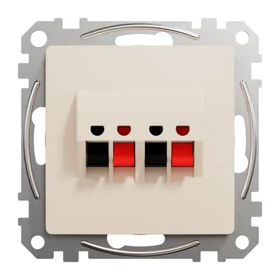 Gniazdo głośnikowe podwójne Schneider Sedna Design&amp;Elements w kolorze beżowym z zaciskami czarnymi i czerwonymi.