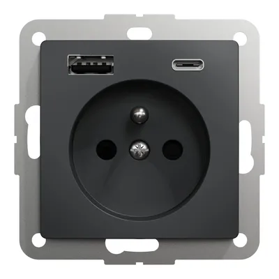Gniazdo pojedyncze Schneider Sedna Design&amp;Elements w kolorze czarny antacyt z dwoma portami USB (typ A i C) do ładowania.