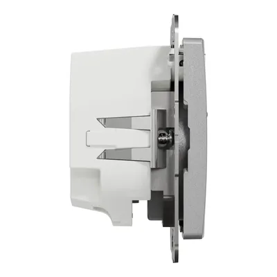 Gniazdo pojedyncze Schneider Sedna Design&amp;Elements z ładowarką 2xUSB, kolor srebrny, widok z boku.