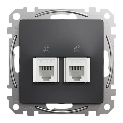 Gniazdo telefoniczne podwójne 2xRJ11 Schneider Sedna Design&amp;Elements w kolorze czarny antracyt, z dwoma białymi portami.