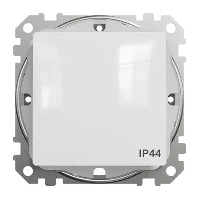 Łącznik jednobiegunowy Schneider Sedna Design&amp;Elements IP44, biały, model SDD211101, widok z przodu na metalowy stelaż i białą klapkę.