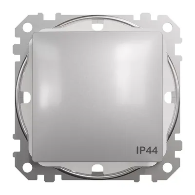 Łącznik jednobiegunowy Schneider Sedna Design&amp;Elements SDD213101 w kolorze srebrnego aluminium, z oznaczeniem IP44.