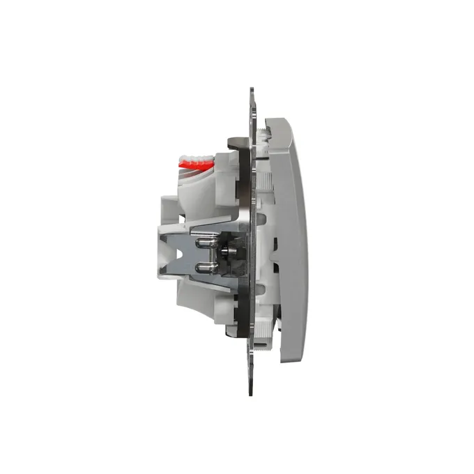 Łącznik schodowy Schneider Sedna Design&amp;Elements SDD113106 w kolorze srebrnego aluminium, widok z boku na mechanizm.