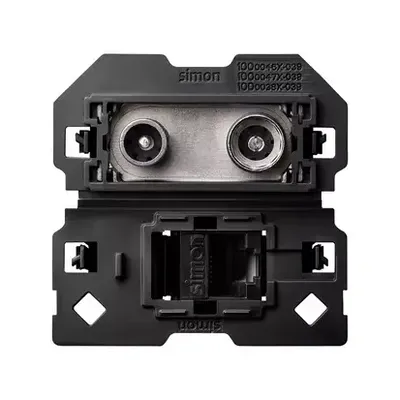 Mechanizm gniazda antenowego R/TV-SAT końcowego i komputerowego RJ45 kat.6 Simon 100 na białym tle.
